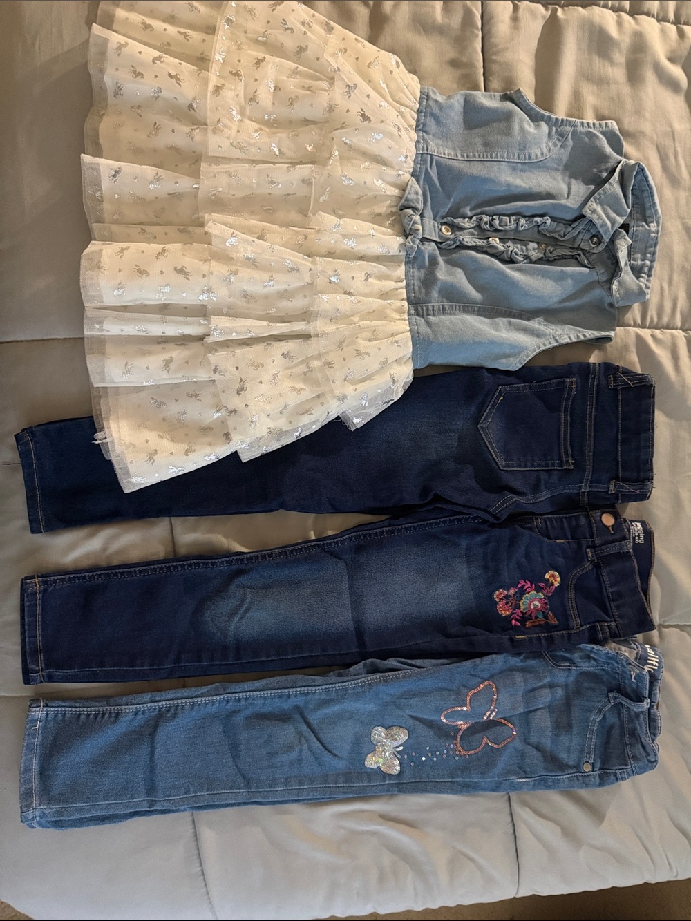 Kids Denim Dress with Glitter Tulle Skirt and Embroidered Jeans - Blue & Cream